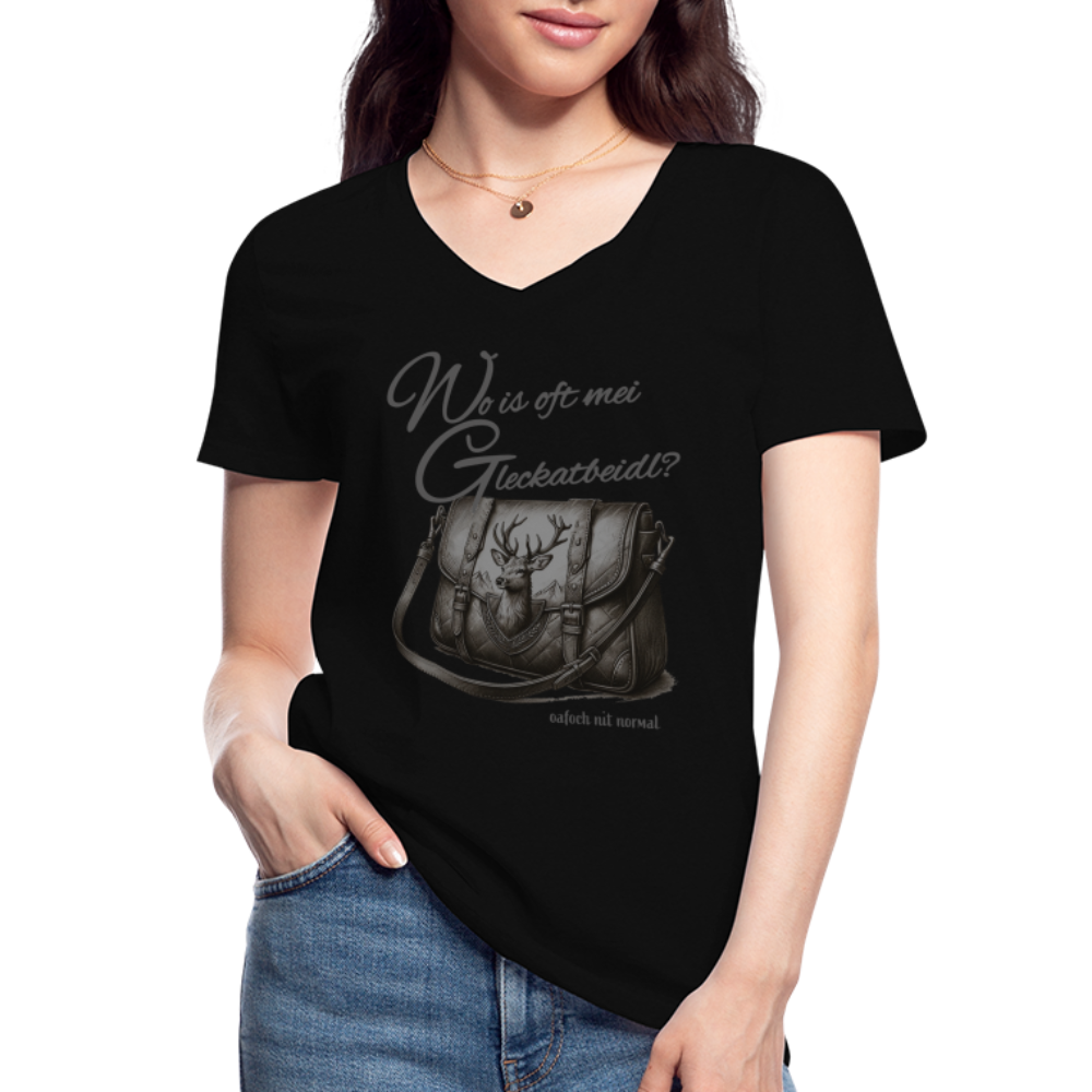 Klassisches Damen Frauen-T-Shirt mit V-Ausschnitt Soizburger Style Gleckerbeidl - Schwarz