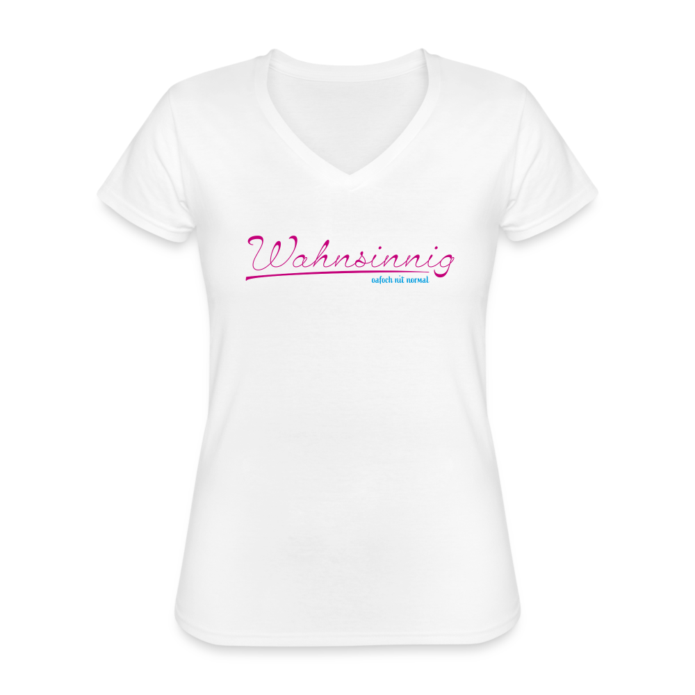 Klassisches Frauen-T-Shirt mit V-Ausschnitt - Wahnsinnig - Soizburga Style - weiß