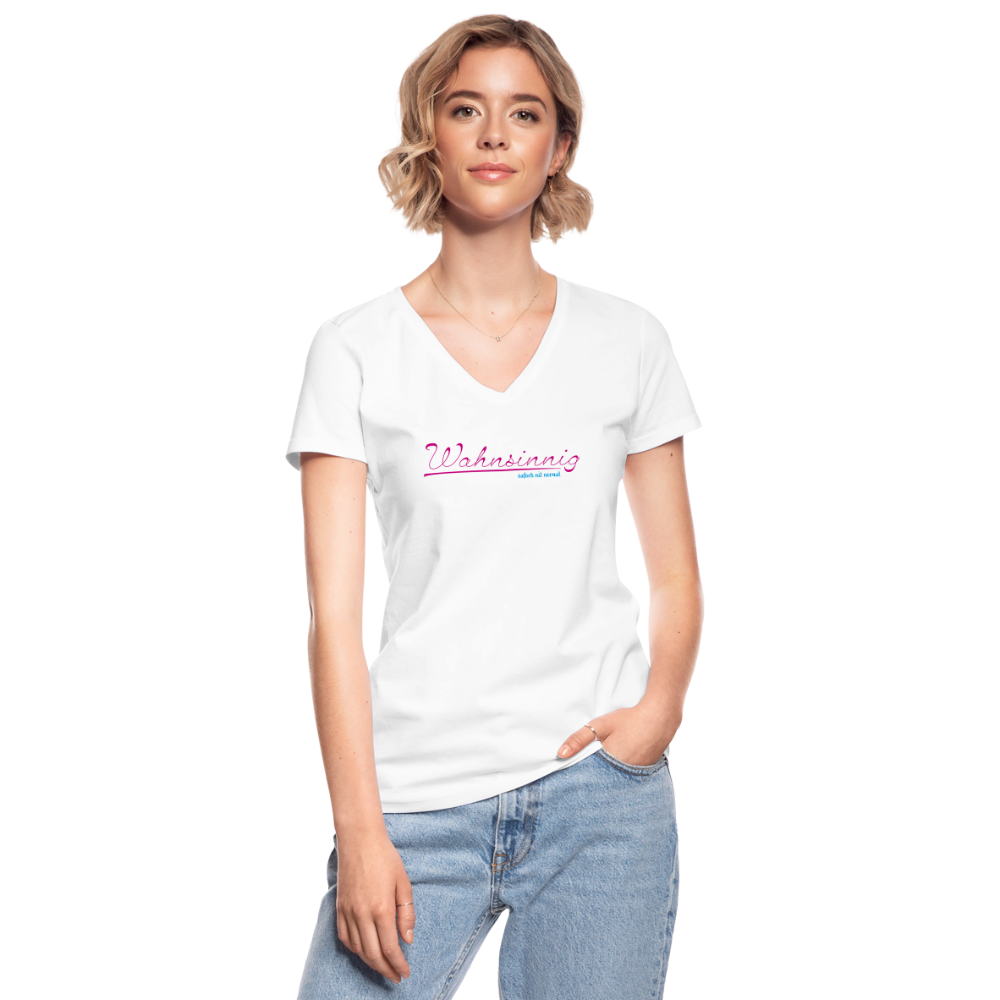 Klassisches Frauen-T-Shirt mit V-Ausschnitt - Wahnsinnig - Soizburga Style - weiß