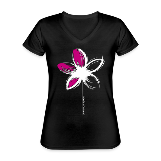 Klassisches Frauen-T-Shirt mit V-Ausschnitt Blume - Soizburga Style - Schwarz