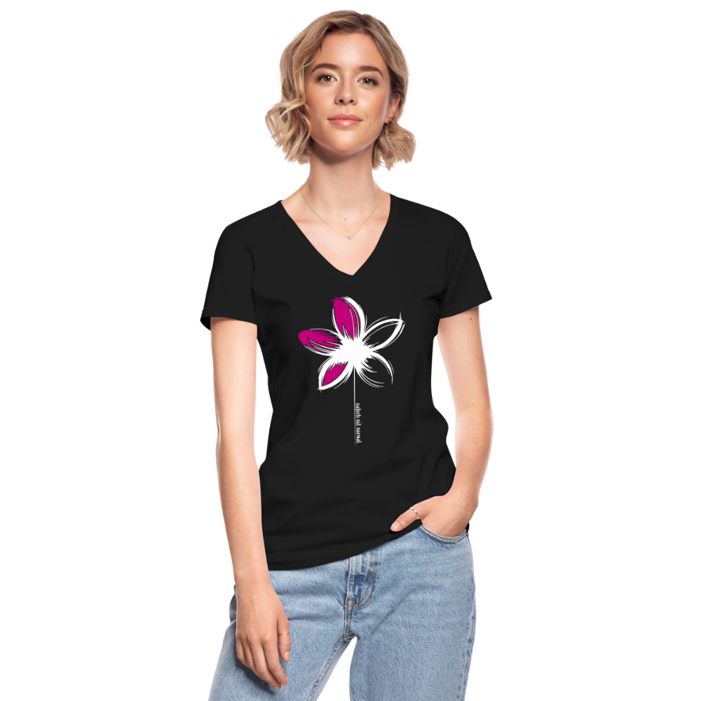 Klassisches Frauen-T-Shirt mit V-Ausschnitt Blume - Soizburga Style - Schwarz