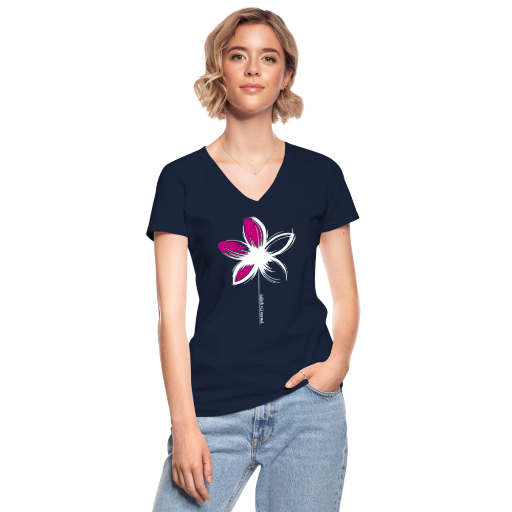 Klassisches Frauen-T-Shirt mit V-Ausschnitt Blume - Soizburga Style - Navy