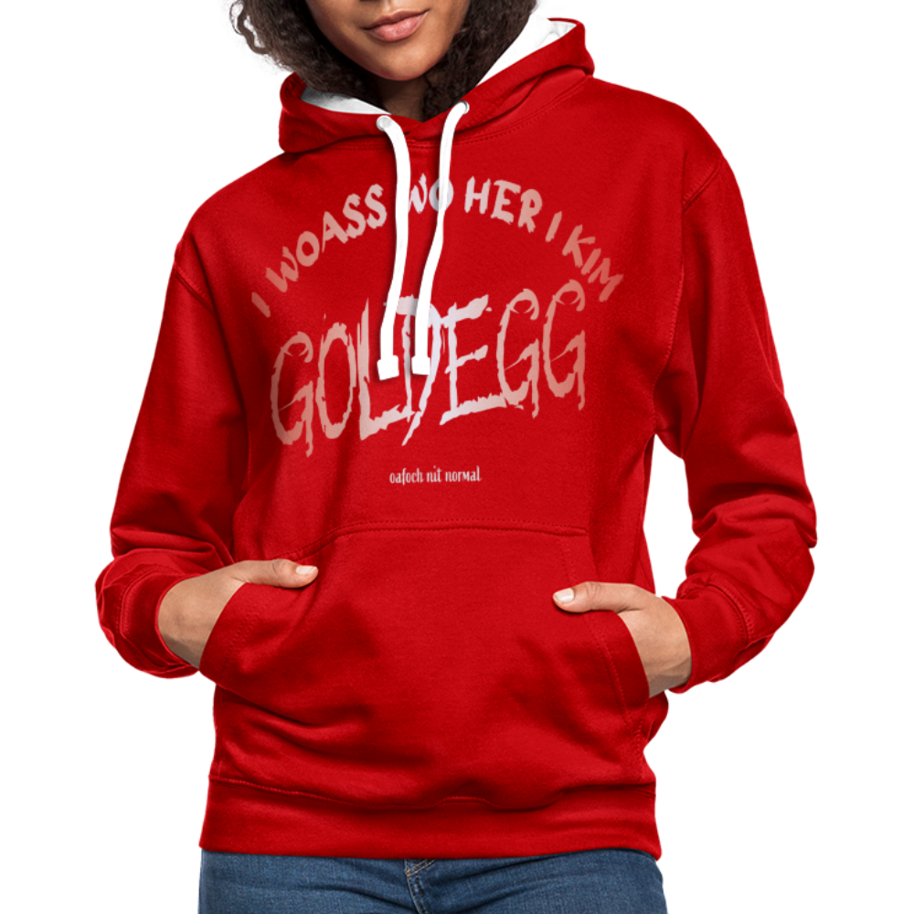 Kontrast-Hoodie Goldegger Style I woass woher i kim - Rot/Weiß