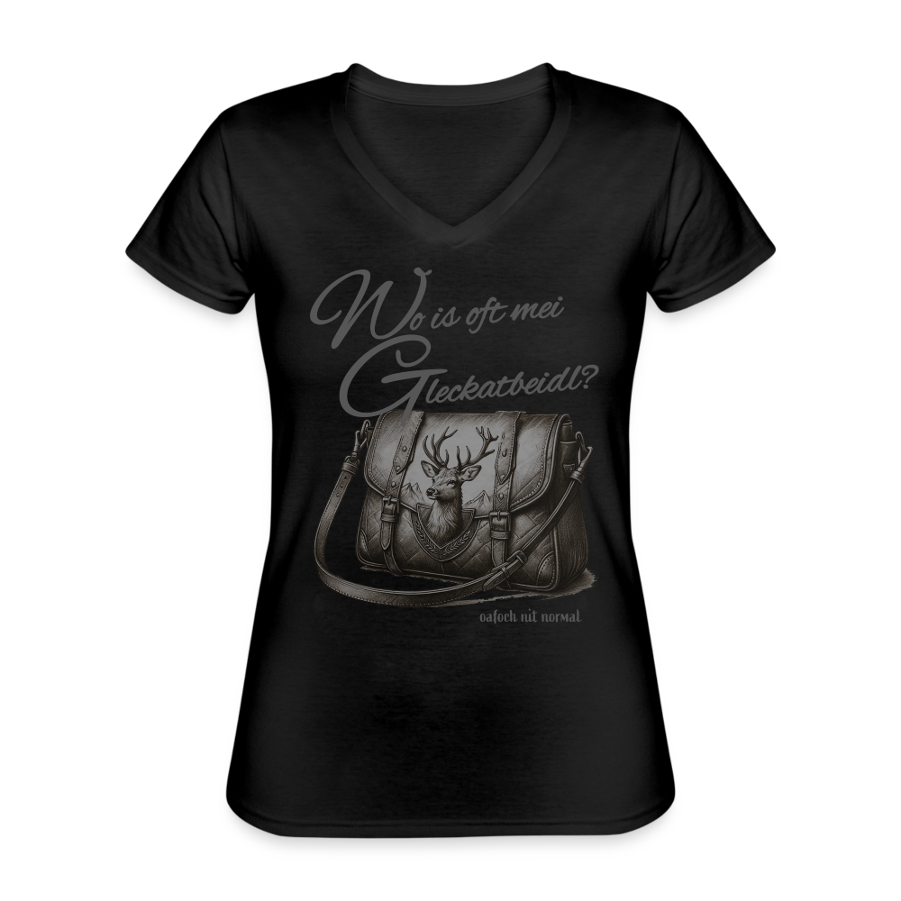 Klassisches Damen Frauen-T-Shirt mit V-Ausschnitt Soizburger Style Gleckerbeidl - Schwarz