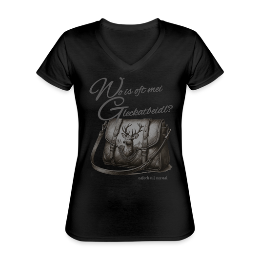 Klassisches Damen Frauen-T-Shirt mit V-Ausschnitt Soizburger Style Gleckerbeidl - Schwarz