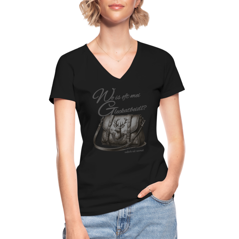 Klassisches Damen Frauen-T-Shirt mit V-Ausschnitt Soizburger Style Gleckerbeidl - Schwarz