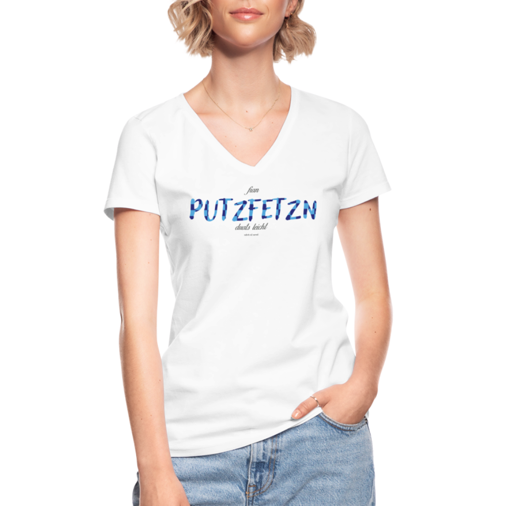 Klassisches Frauen-T-Shirt mit V-Ausschnitt Soizburga Style - fian Putzfetzen Duats leicht - weiß