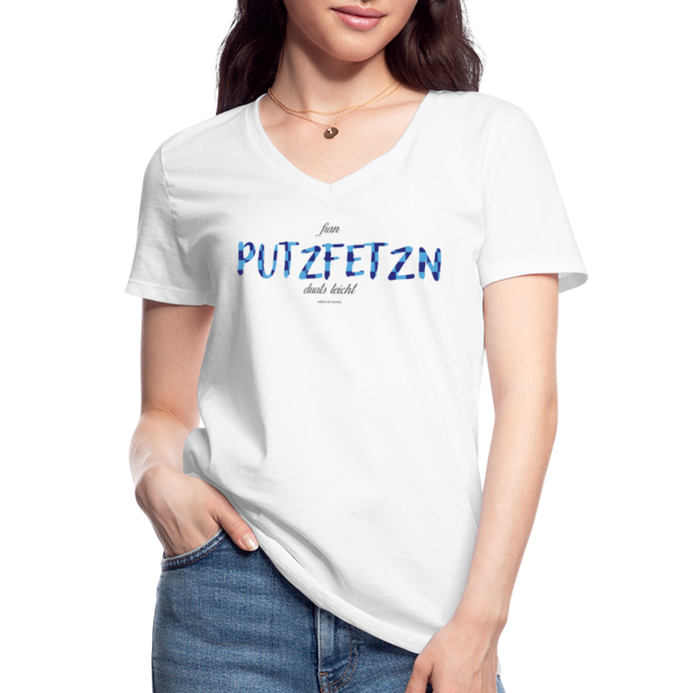 Klassisches Frauen-T-Shirt mit V-Ausschnitt Soizburga Style - fian Putzfetzen Duats leicht - weiß